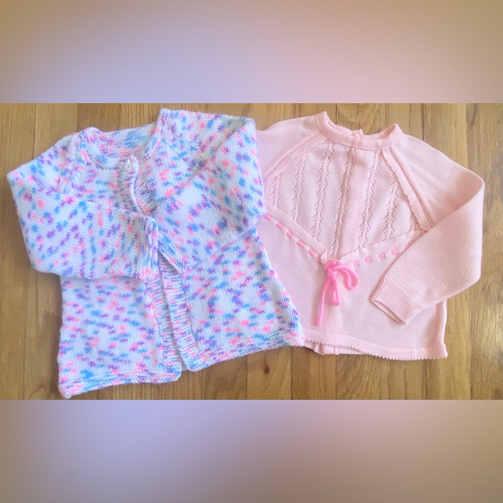 Vintage 70s Baby Girl's Knit Sweaters *12 Months* Lot of 2 Pink Blue Confetti